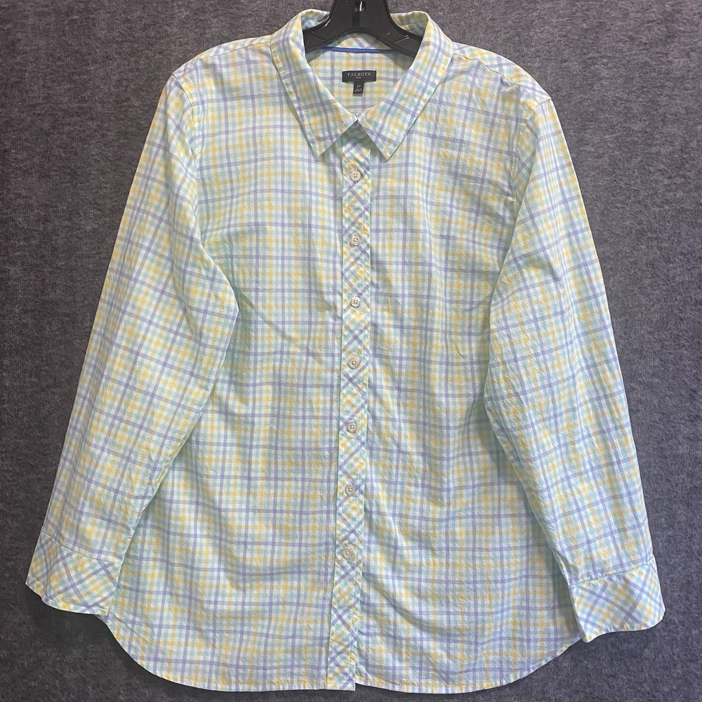 Talbots Top Women Plus 2X Blue Yellow Plaid Pastel Button Up Shirt Office Mature